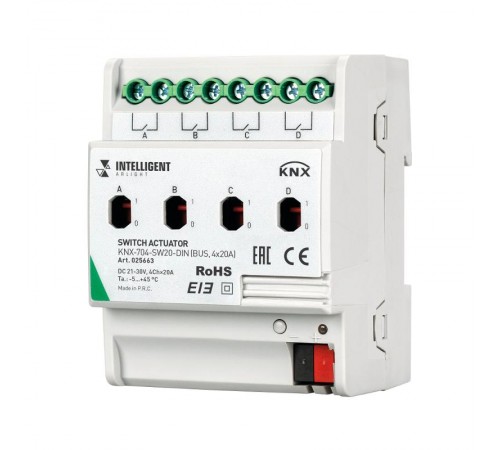 INTELLIGENT ARLIGHT Релейный модуль KNX-704-SW20-DIN (BUS, 4x20A)  025663  Arlight