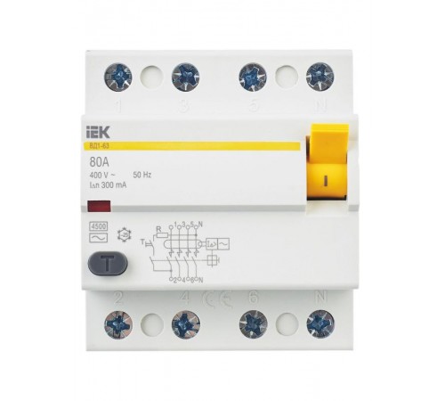 Выключатель дифференциальный (УЗО) ВД1-63 4п 80А 300мА тип AC  MDV10-4-080-300  IEK