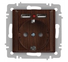Розетка Intro Accent 6-410-10 , P+E Schuko со шторками, 16А-250В + 2хUSB, IP20, СУ, венге  Б0063717  Intro