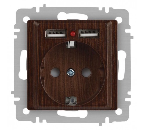 Розетка Intro Accent 6-410-10 , P+E Schuko со шторками, 16А-250В + 2хUSB, IP20, СУ, венге  Б0063717  Intro