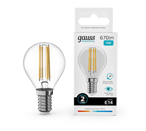 Лампа светодиодная   Filament Elementary Шар 10W 670lm 4100К Е14 LED 1/10/100  52120  Gauss