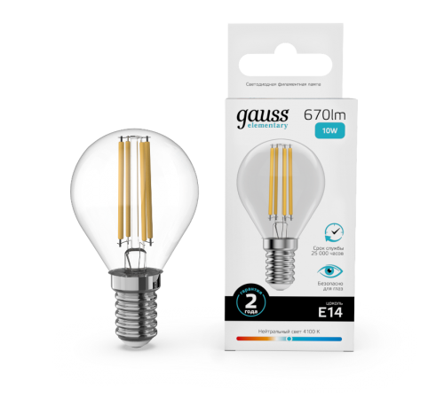 Лампа светодиодная   Filament Elementary Шар 10W 670lm 4100К Е14 LED 1/10/100  52120  Gauss