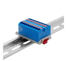 Блок распределительный с верт. адаптером на рейки  15/35мм, зажим push-in, 18  подкл. 2,5 кв.мм, синий  DTP1-018-04SPUB-V  DKC