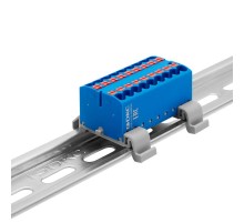 Блок распределительный с гориз. адапт. на рейку шириной 35мм, зажим push-in, 18 точки подкл. 2,5 кв.мм, синий  DTP1-018-04SPUB-H  DKC