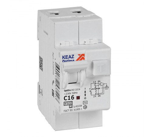 Выключатель автоматический дифференциального тока OptiDin D63-22C16-AC-У3 (2P, C16, 30mA, 4,5кА)  328098  КЭАЗ