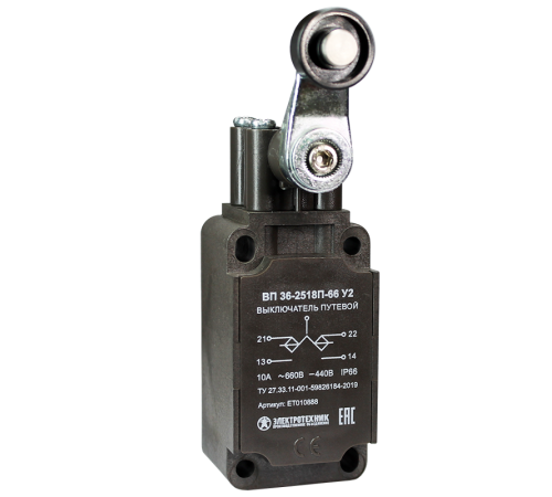 ВП 36-2518П-66 У2, рычаг с пласт. роликом, 1з+1р,полумгновенный,30х60 мм, без сальника, 3А, IP66, выключатель путевой  (ЭТ)  ET010888  Электротехник