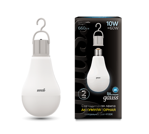 Лампа светодиодная LED A60 10W E27 660lm 4100K с Li-Ion аккумулятором 1/10/60  102402200  Gauss