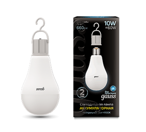 Лампа светодиодная LED A60 10W E27 660lm 4100K с Li-Ion аккумулятором 1/10/60  102402200  Gauss