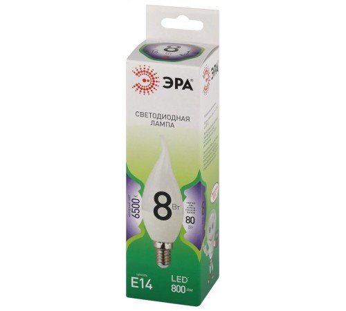 Лампа светодиодная  GREEN LINE LED BXS-8W-865-E14 GL E14 8 Вт свеча на ветру холодный свет  Б0067138  ЭРА