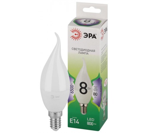 Лампа светодиодная  GREEN LINE LED BXS-8W-865-E14 GL E14 8 Вт свеча на ветру холодный свет  Б0067138  ЭРА