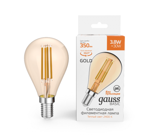 Лампа светодиодная   Basic Filament Шар 3,8W 350lm 2400К Е14 golden LED 1/10/50  1057154  Gauss