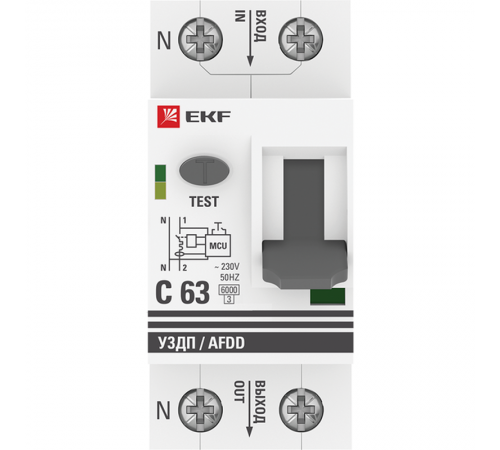 Устройство защиты от дугового пробоя (УЗДП) с автоматическим выключателем 1P+N 63А (C) 6кА PROxima  afdd-2-63C-pro  EKF