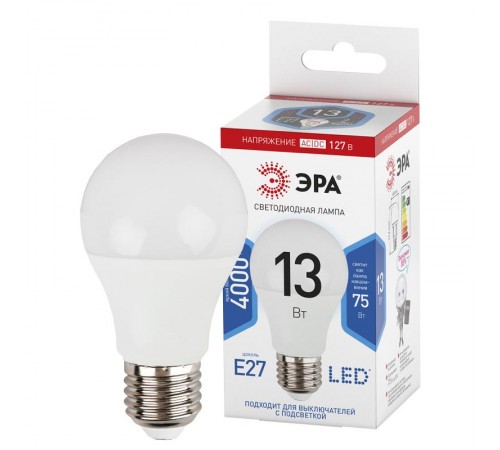 Лампа светодиодная LED A60-13W-127V-840-E27 (диод, груша, 13Вт, 127В, нейтр, E27) (10/100/2000)  Б0049101  ЭРА