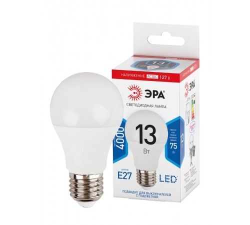 Лампа светодиодная LED A60-13W-127V-840-E27 (диод, груша, 13Вт, 127В, нейтр, E27) (10/100/2000)  Б0049101  ЭРА