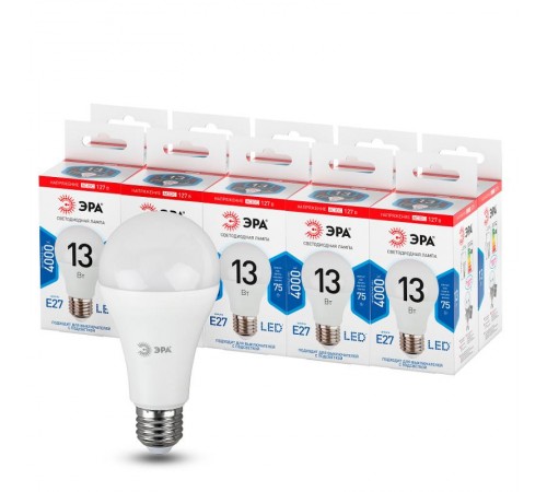 Лампа светодиодная LED A60-13W-127V-840-E27 (диод, груша, 13Вт, 127В, нейтр, E27) (10/100/2000)  Б0049101  ЭРА