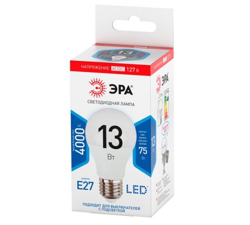 Лампа светодиодная LED A60-13W-127V-840-E27 (диод, груша, 13Вт, 127В, нейтр, E27) (10/100/2000)  Б0049101  ЭРА