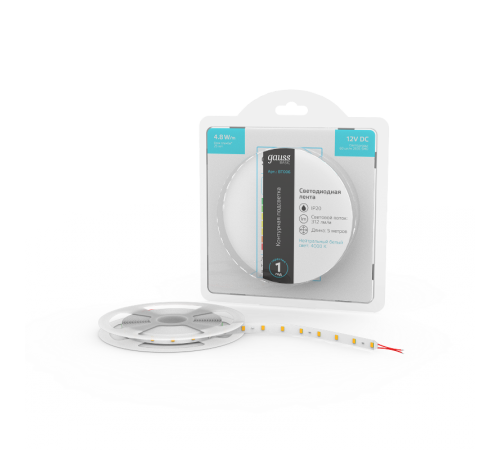 Лента светодиодная Basic LED 2835/60 12V 4,8W/m 312lm/m 4000K 8mm IP20 5m 1/100  BT006  Gauss