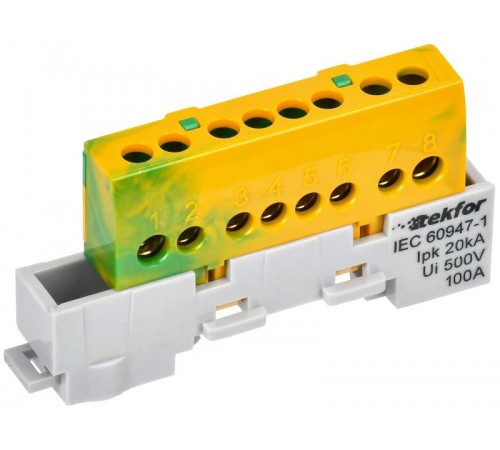 TEKFOR Шина PE "земля" изолированная на универсальном держателе 6х9-8-ЖЗ  TF-NN10-08-KL-K52  IEK