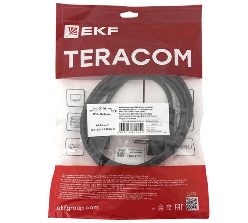 Кабель питания TERACOM для ИБП, ПК и мониторов разъём C13 - Евровилка 3x0.75мм2 250В 2 м  TRC-PCA-C13-SH-0.75-2M  EKF