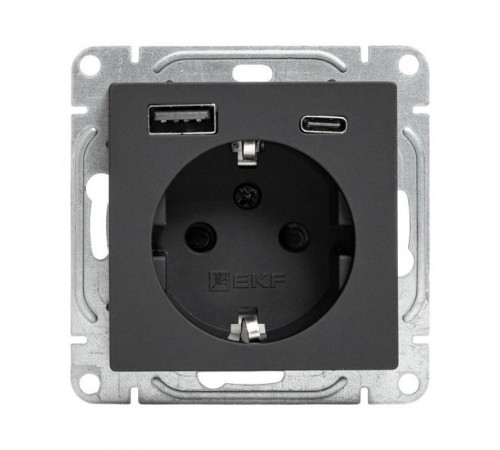 Механизм розетки с USB-A+С - 2шт, 16А, с заземлением, со шторками, чёрный Эпика EKF  UP1-SOB-111-USBA+USBC  EKF