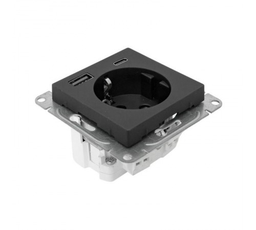 Механизм розетки с USB-A+С - 2шт, 16А, с заземлением, со шторками, чёрный Эпика EKF  UP1-SOB-111-USBA+USBC  EKF