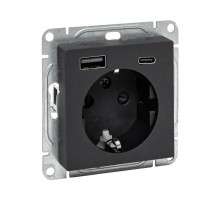 Механизм розетки с USB-A+С - 2шт, 16А, с заземлением, со шторками, чёрный Эпика EKF  UP1-SOB-111-USBA+USBC  EKF