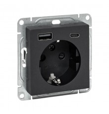 Механизм розетки с USB-A+С - 2шт, 16А, с заземлением, со шторками, чёрный Эпика EKF  UP1-SOB-111-USBA+USBC  EKF