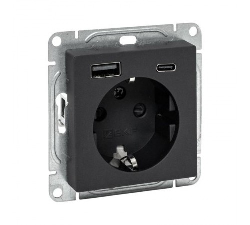 Механизм розетки с USB-A+С - 2шт, 16А, с заземлением, со шторками, чёрный Эпика EKF  UP1-SOB-111-USBA+USBC  EKF