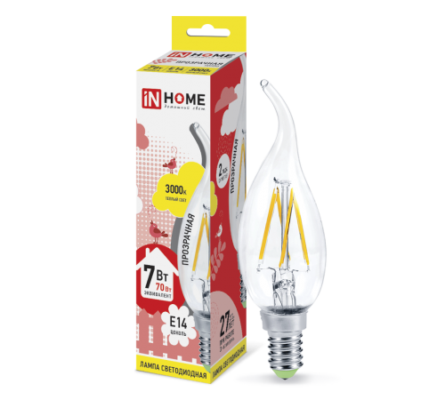 Лампа светодиодная LED-СВЕЧА НА ВЕТРУ-deco 7Вт 230В Е14 3000К 630Лм прозр  4690612007663  IN HOME