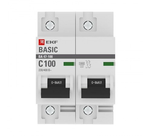 Выключатель автоматический двухполюсный 2P 100А (C) 10kA ВА 47-100 EKF Basic  mcb47100-2-100C-bas  EKF