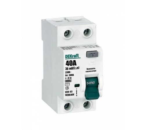 Выключатель дифференциальный (УЗО) УЗО-03 2п 40А 30мА тип AC 6кА  14209DEK  DEKraft