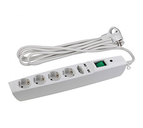 Сетевой фильтр SFU-5es-2m-W   (белый) с заземл, 3x0.75мм2, со шт, с выкл, 5гн+2xUSB, 2м, кор (20/240) C0043327  ЭРА