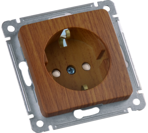 Розетка скрытой установки, одноместная, с заземляющим контактом, со шторкой, механизм, цвет дуб  РС16-412-05  HEGEL