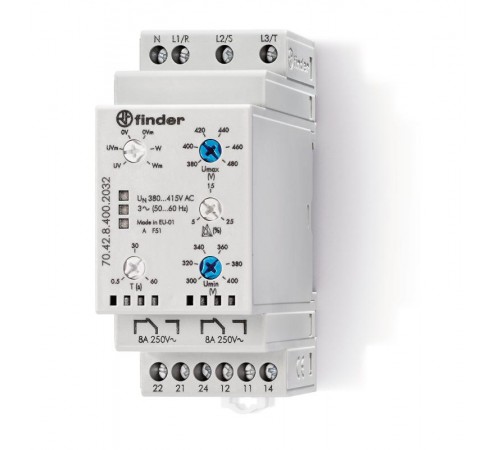 Контрольное реле для 3-фазных сетей; пониженное/повышенное напряжение, обрыв/чередование/асимметрия фаз, контроль нейтрали  704284002032  Finder