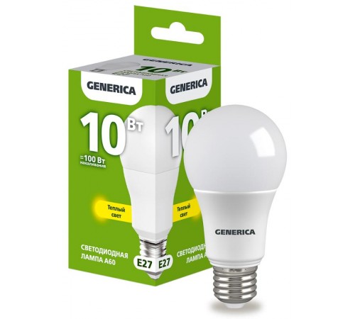 Лампа светодиодная A60 груша 10Вт 230В 3000К E27   LL-A60-10-230-30-E27-G  GENERICA