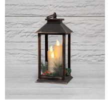 Декоративный фонарь со свечкой и шишкой, бронзовый корпус, размер 14x14x27 см, цвет теплый белый  513-048  NEON-NIGHT