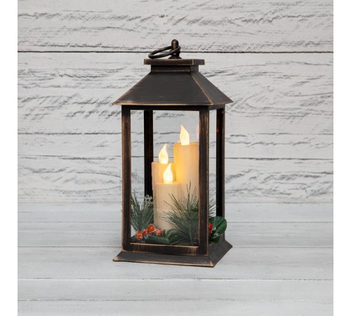 Декоративный фонарь со свечкой и шишкой, бронзовый корпус, размер 14x14x27 см, цвет теплый белый  513-048  NEON-NIGHT