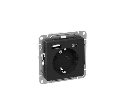 Механизм розетки с USB-A+С - 2шт, 16А, с заземлением, со шторками, чёрный Эпика EKF  UP1-SOB-111-USBA+USBC  EKF