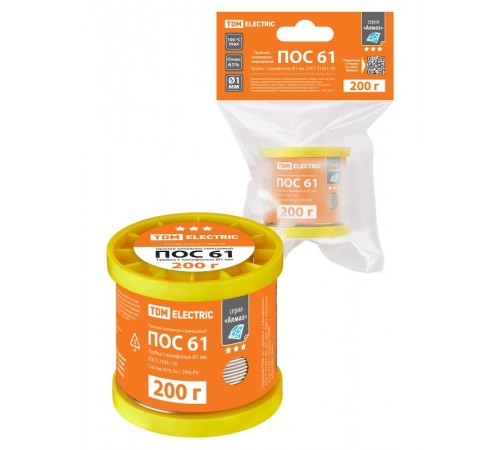 Припой ПОС 61, трубка с канифолью, ГОСТ 21931-76, 1 мм, 200 г, катушка, инд. упак., "Алмаз"  SQ1025-1802  TDM