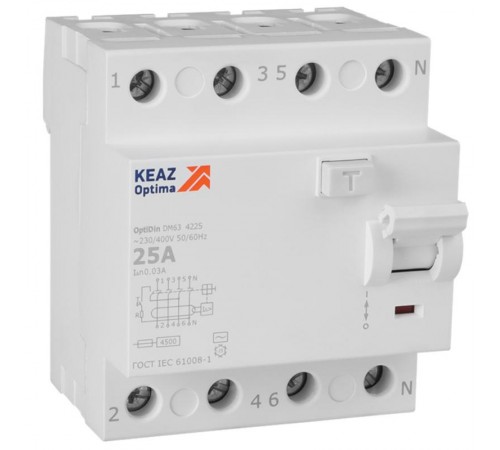 Выключатель дифференциального токаOptiDin DM63-4225-AC-4,5-УХЛ4 (4P, 25, 30mA)  343891  КЭАЗ