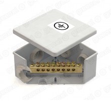 Коробка уравнивания потенциалов (КУП) 85х85х40мм, 6 гермовводов, с шиной 6х9 8груп, IP44, наклейка "заземление"  GE41360  GREENEL