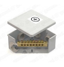 Коробка уравнивания потенциалов (КУП) 85х85х40мм, 6 гермовводов, с шиной 6х9 8груп, IP44, наклейка "заземление"  GE41360  GREENEL