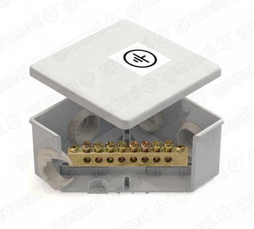 Коробка уравнивания потенциалов (КУП) 85х85х40мм, 6 гермовводов, с шиной 6х9 8груп, IP44, наклейка "заземление"  GE41360  GREENEL