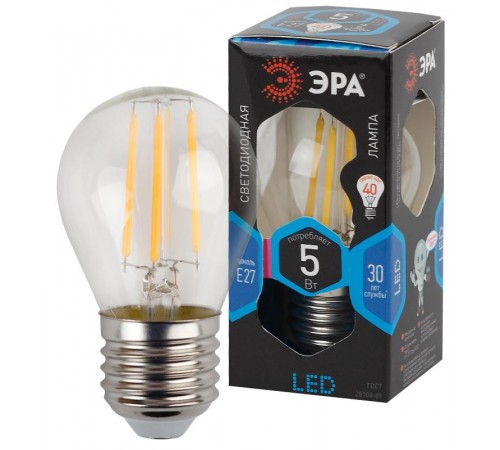 Лампа светодиодная F-LED P45-5W-840-E27 Лампы СВЕТОДИОДНЫЕ F-LED ЭРА (филамент, шар, 5Вт, нейтр, E27),  Б0039191  ЭРА