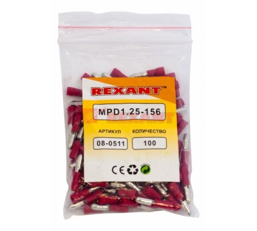 Разъем штекерный изолированный штекер 4 мм 0.5-1.5 мм (РШи-п 1.5-4/РШИп 1,25-4) красный  08-0511  REXANT