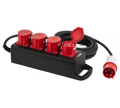 Удлинитель силовой IND380-U-4e-5x4-10m-IP44 на 380В на каучуковой колодке 4 розетки 4xCEE 5P 10м КГ 5х2,5 32A IP44  Б0057319  ЭРА