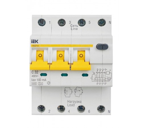 Выключатель автоматический дифференциального тока АВДТ 34 3п+N 32А C 100мА тип A  MAD22-6-032-C-100  IEK