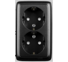 Розетка открытой установки, двухместная, с заземляющим контактом, со шторками, с изолирующей пластиной, цвет черный  РА16-154-08  HEGEL