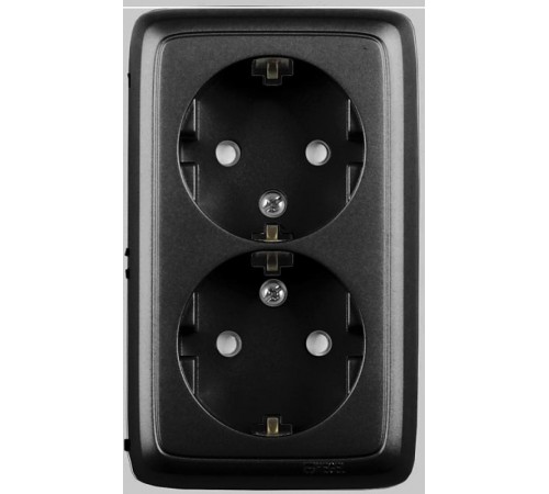 Розетка открытой установки, двухместная, с заземляющим контактом, со шторками, с изолирующей пластиной, цвет черный  РА16-154-08  HEGEL