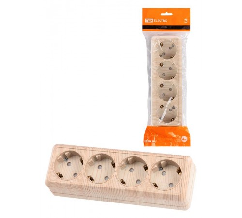 Розетка 4-х местная горизонтальная 2П+3 открытой установки IP20 16A с з/ш сосна "Ладога"  SQ1801-0431  TDM